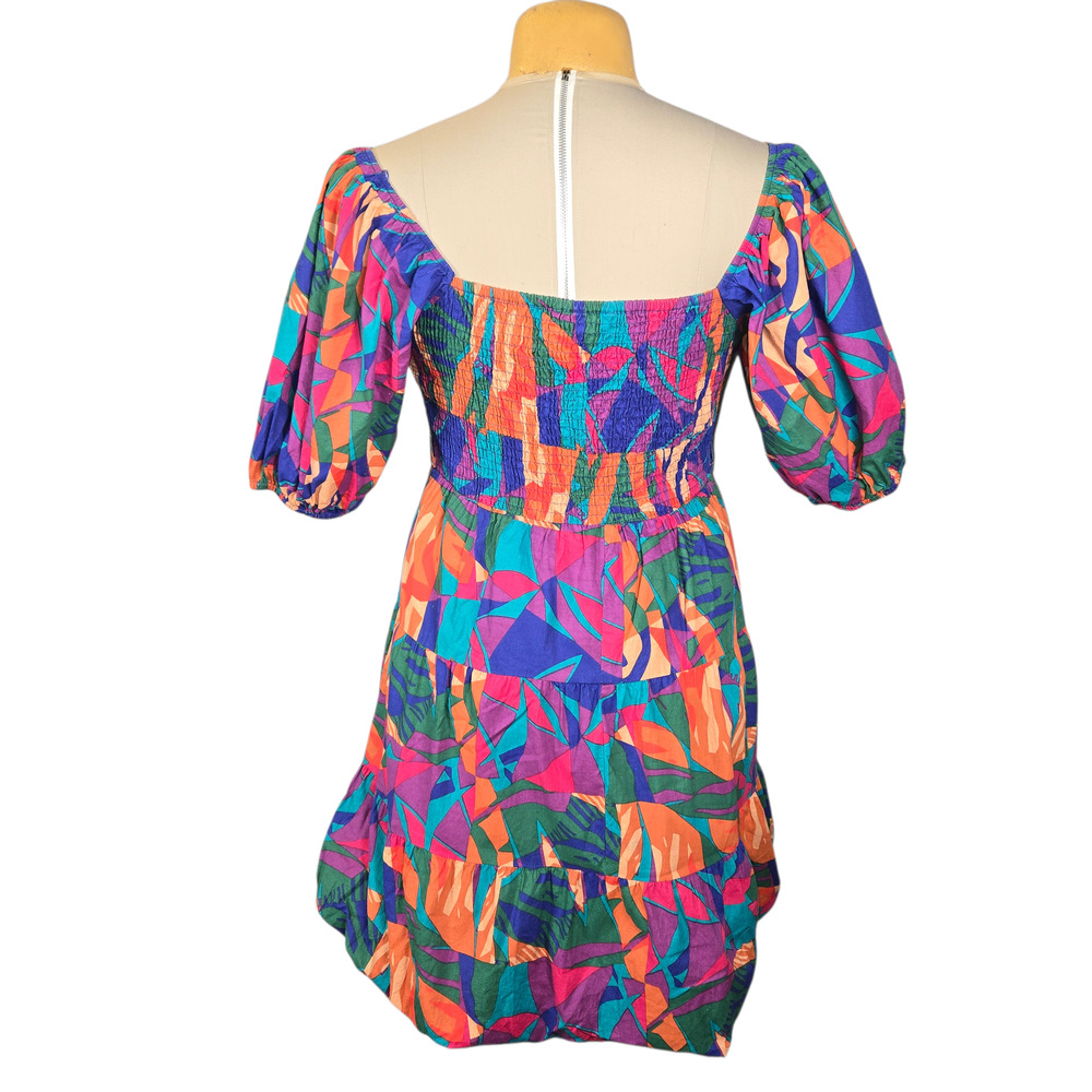 Sim & Sam Women's L Colorful Geometric Cotton Puffed Sleeve Square Neck Mini Dre - Picture 4 of 13